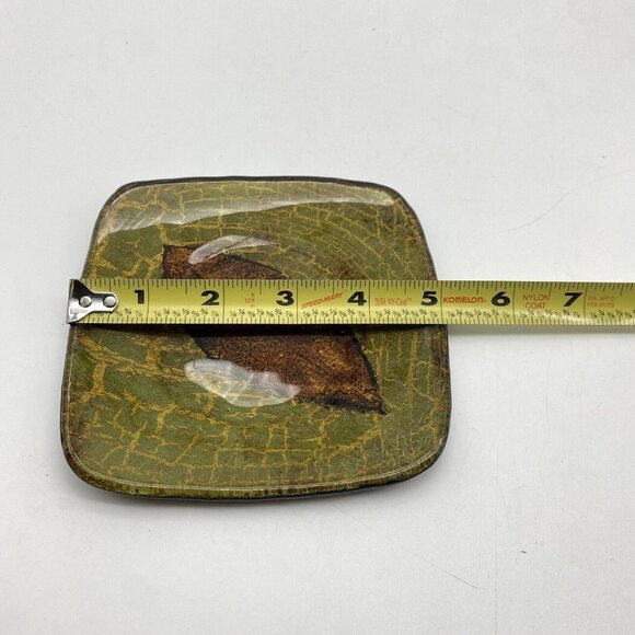 Vintage Bread Plate Glazed Ceramic Curved Square Green Brown Leaf Lot Of 3 - Picture 8 of 8
